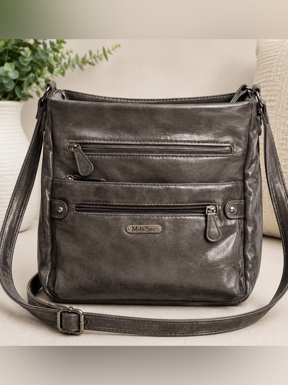 MultiSac Gray Distressed Leather Crossbody Bag Multi Pocket Organizer Purse